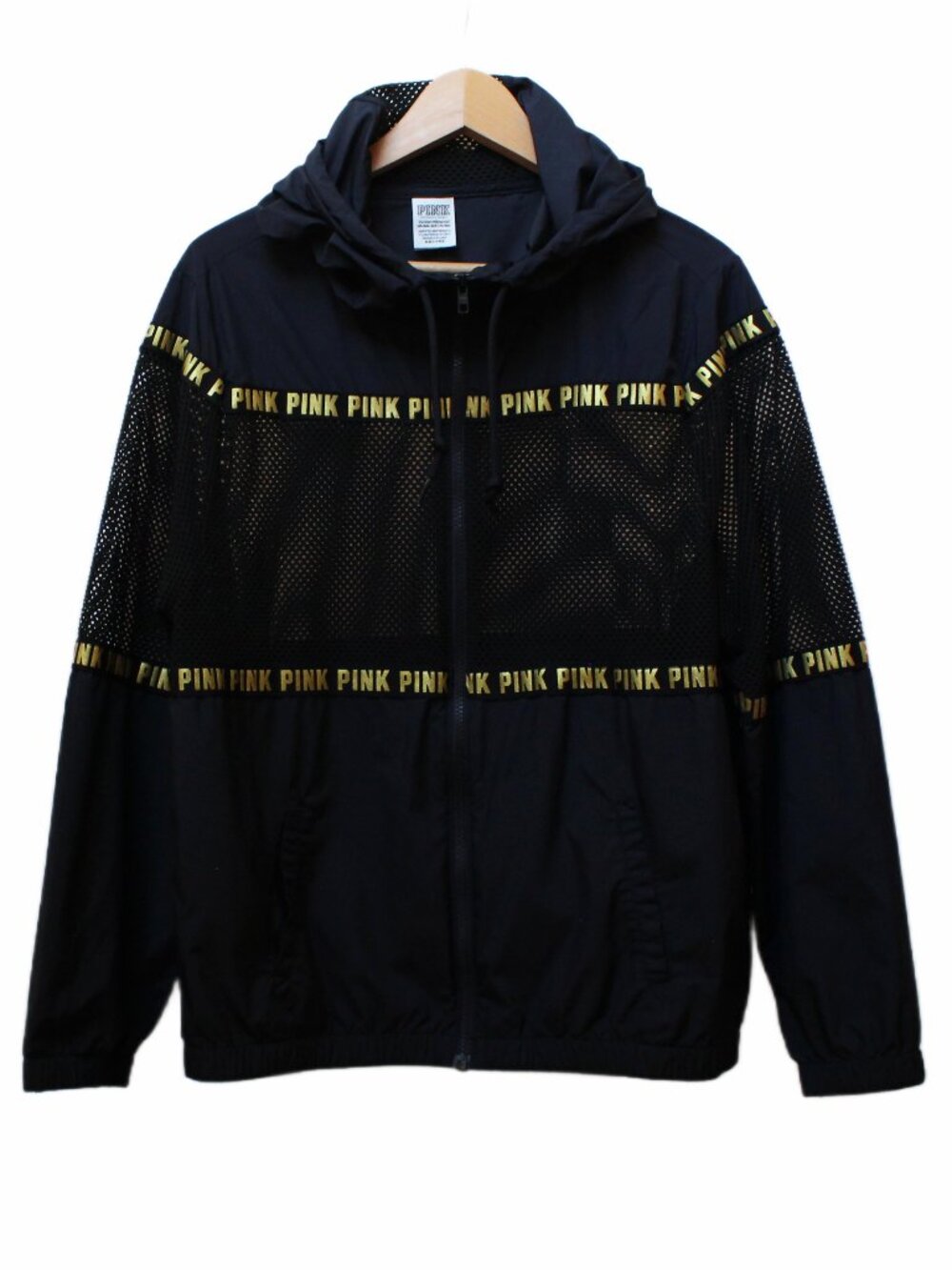 PINK Victoria's Secret Black Gold Logo Mesh Full-Zip Windbreaker Jacket XS/S